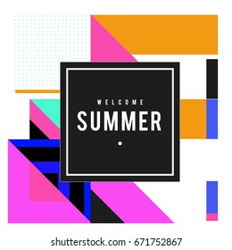 Trendy vector summer cards illustration with elements and abstract colorful textures. Design for holiday vacation poster, card, brochure, and promotion template. Fashion art print and background.