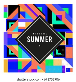 Trendy vector summer cards illustration with elements and abstract colorful textures. Design for holiday vacation poster, card, brochure, and promotion template. Fashion art print and background.