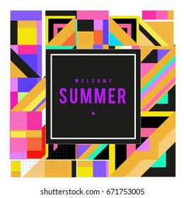 Trendy vector summer cards illustration with elements and abstract colorful textures. Design for holiday vacation poster, card, brochure, and promotion template. Fashion art print and background.