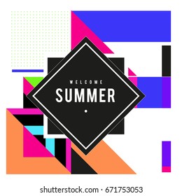Trendy vector summer cards illustration with elements and abstract colorful textures. Design for holiday vacation poster, card, brochure, and promotion template. Fashion art print and background.