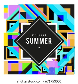 Trendy vector summer cards illustration with elements and abstract colorful textures. Design for holiday vacation poster, card, brochure, and promotion template. Fashion art print and background.