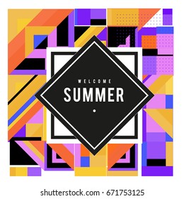 Trendy vector summer cards illustration with elements and abstract colorful textures. Design for holiday vacation poster, card, brochure, and promotion template. Fashion art print and background.