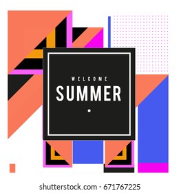 Trendy vector summer cards illustration with elements and abstract colorful textures. Design for holiday vacation poster, card, brochure, and promotion template. Fashion art print and background.