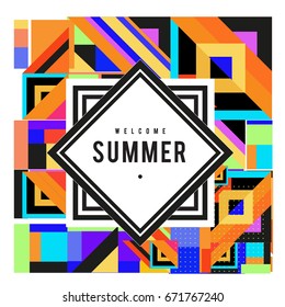 Trendy vector summer cards illustration with elements and abstract colorful textures. Design for holiday vacation poster, card, brochure, and promotion template. Fashion art print and background.