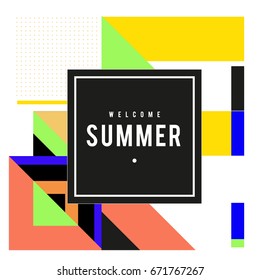 Trendy vector summer cards illustration with elements and abstract colorful textures. Design for holiday vacation poster, card, brochure, and promotion template. Fashion art print and background.