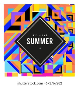 Trendy vector summer cards illustration with elements and abstract colorful textures. Design for holiday vacation poster, card, brochure, and promotion template. Fashion art print and background.