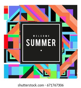 Trendy vector summer cards illustration with elements and abstract colorful textures. Design for holiday vacation poster, card, brochure, and promotion template. Fashion art print and background.