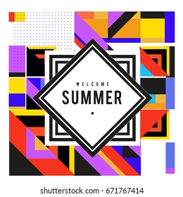 Trendy vector summer cards illustration with elements and abstract colorful textures. Design for holiday vacation poster, card, brochure, and promotion template. Fashion art print and background.