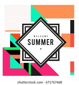 Trendy vector summer cards illustration with elements and abstract colorful textures. Design for holiday vacation poster, card, brochure, and promotion template. Fashion art print and background.