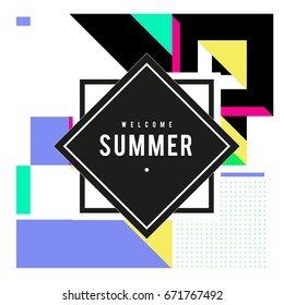 Trendy vector summer cards illustration with elements and abstract colorful textures. Design for holiday vacation poster, card, brochure, and promotion template. Fashion art print and background.