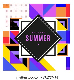Trendy vector summer cards illustration with elements and abstract colorful textures. Design for holiday vacation poster, card, brochure, and promotion template. Fashion art print and background.