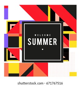 Trendy vector summer cards illustration with elements and abstract colorful textures. Design for holiday vacation poster, card, brochure, and promotion template. Fashion art print and background.
