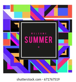 Trendy vector summer cards illustration with elements and abstract colorful textures. Design for holiday vacation poster, card, brochure, and promotion template. Fashion art print and background.