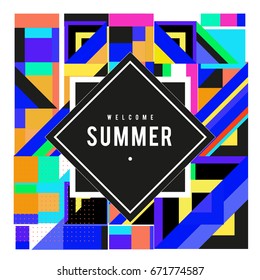 Trendy vector summer cards illustration with elements and abstract colorful textures. Design for holiday vacation poster, card, brochure, and promotion template. Fashion art print and background.