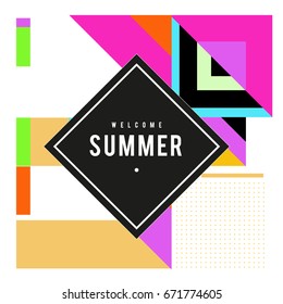 Trendy vector summer cards illustration with elements and abstract colorful textures. Design for holiday vacation poster, card, brochure, and promotion template. Fashion art print and background.