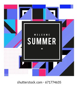 Trendy vector summer cards illustration with elements and abstract colorful textures. Design for holiday vacation poster, card, brochure, and promotion template. Fashion art print and background.