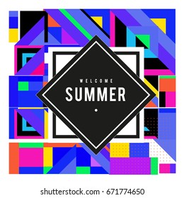 Trendy vector summer cards illustration with elements and abstract colorful textures. Design for holiday vacation poster, card, brochure, and promotion template. Fashion art print and background.
