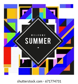 Trendy vector summer cards illustration with elements and abstract colorful textures. Design for holiday vacation poster, card, brochure, and promotion template. Fashion art print and background.