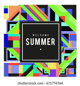 Trendy vector summer cards illustration with elements and abstract colorful textures. Design for holiday vacation poster, card, brochure, and promotion template. Fashion art print and background.