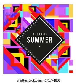 Trendy vector summer cards illustration with elements and abstract colorful textures. Design for holiday vacation poster, card, brochure, and promotion template. Fashion art print and background.
