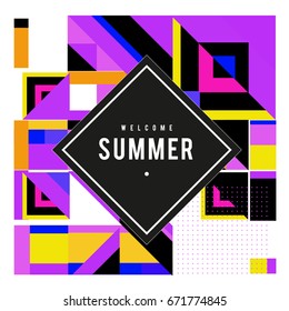 Trendy vector summer cards illustration with elements and abstract colorful textures. Design for holiday vacation poster, card, brochure, and promotion template. Fashion art print and background.