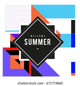 Trendy vector summer cards illustration with elements and abstract colorful textures. Design for holiday vacation poster, card, brochure, and promotion template. Fashion art print and background.