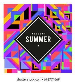 Trendy vector summer cards illustration with elements and abstract colorful textures. Design for holiday vacation poster, card, brochure, and promotion template. Fashion art print and background.