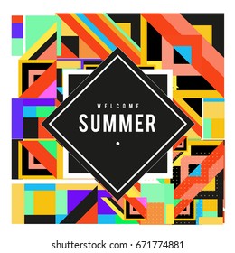Trendy vector summer cards illustration with elements and abstract colorful textures. Design for holiday vacation poster, card, brochure, and promotion template. Fashion art print and background.