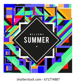 Trendy vector summer cards illustration with elements and abstract colorful textures. Design for holiday vacation poster, card, brochure, and promotion template. Fashion art print and background.