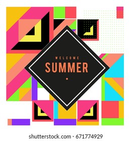 Trendy vector summer cards illustration with elements and abstract colorful textures. Design for holiday vacation poster, card, brochure, and promotion template. Fashion art print and background.