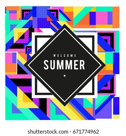Trendy vector summer cards illustration with elements and abstract colorful textures. Design for holiday vacation poster, card, brochure, and promotion template. Fashion art print and background.