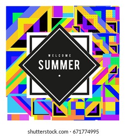 Trendy vector summer cards illustration with elements and abstract colorful textures. Design for holiday vacation poster, card, brochure, and promotion template. Fashion art print and background.