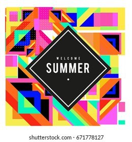 Trendy vector summer cards illustration with elements and abstract colorful textures. Design for holiday vacation poster, card, brochure, and promotion template. Fashion art print and background.