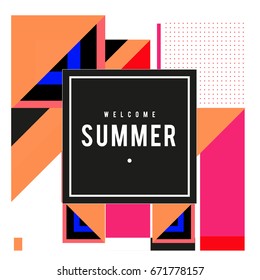 Trendy vector summer cards illustration with elements and abstract colorful textures. Design for holiday vacation poster, card, brochure, and promotion template. Fashion art print and background.