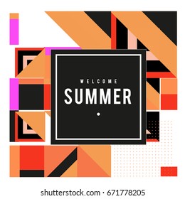 Trendy vector summer cards illustration with elements and abstract colorful textures. Design for holiday vacation poster, card, brochure, and promotion template. Fashion art print and background.