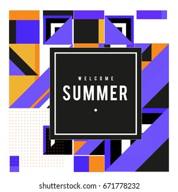 Trendy vector summer cards illustration with elements and abstract colorful textures. Design for holiday vacation poster, card, brochure, and promotion template. Fashion art print and background.
