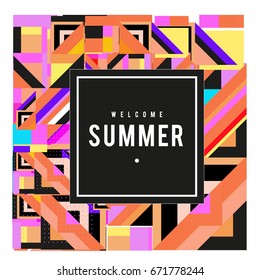 Trendy vector summer cards illustration with elements and abstract colorful textures. Design for holiday vacation poster, card, brochure, and promotion template. Fashion art print and background.