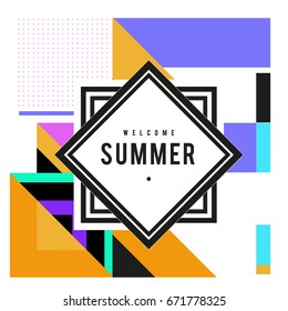Trendy vector summer cards illustration with elements and abstract colorful textures. Design for holiday vacation poster, card, brochure, and promotion template. Fashion art print and background.