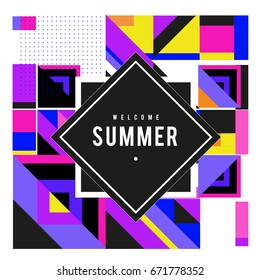Trendy vector summer cards illustration with elements and abstract colorful textures. Design for holiday vacation poster, card, brochure, and promotion template. Fashion art print and background.