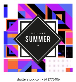 Trendy vector summer cards illustration with elements and abstract colorful textures. Design for holiday vacation poster, card, brochure, and promotion template. Fashion art print and background.