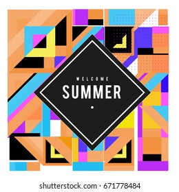 Trendy vector summer cards illustration with elements and abstract colorful textures. Design for holiday vacation poster, card, brochure, and promotion template. Fashion art print and background.