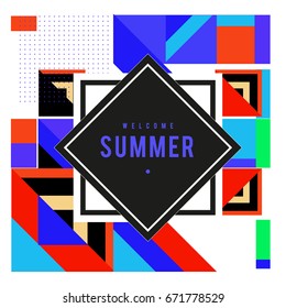Trendy vector summer cards illustration with elements and abstract colorful textures. Design for holiday vacation poster, card, brochure, and promotion template. Fashion art print and background.