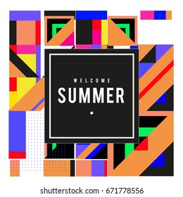 Trendy vector summer cards illustration with elements and abstract colorful textures. Design for holiday vacation poster, card, brochure, and promotion template. Fashion art print and background.