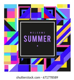 Trendy vector summer cards illustration with elements and abstract colorful textures. Design for holiday vacation poster, card, brochure, and promotion template. Fashion art print and background.