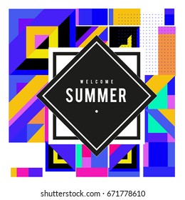 Trendy vector summer cards illustration with elements and abstract colorful textures. Design for holiday vacation poster, card, brochure, and promotion template. Fashion art print and background.