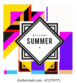 Trendy vector summer cards illustration with elements and abstract colorful textures. Design for holiday vacation poster, card, brochure, and promotion template. Fashion art print and background.