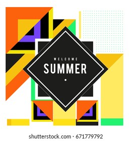 Trendy vector summer cards illustration with elements and abstract colorful textures. Design for holiday vacation poster, card, brochure, and promotion template. Fashion art print and background.