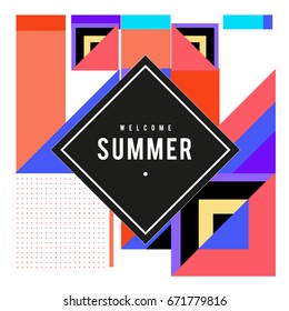 Trendy vector summer cards illustration with elements and abstract colorful textures. Design for holiday vacation poster, card, brochure, and promotion template. Fashion art print and background.