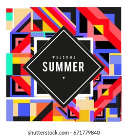 Trendy vector summer cards illustration with elements and abstract colorful textures. Design for holiday vacation poster, card, brochure, and promotion template. Fashion art print and background.