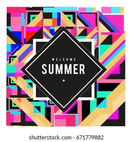 Trendy vector summer cards illustration with elements and abstract colorful textures. Design for holiday vacation poster, card, brochure, and promotion template. Fashion art print and background.